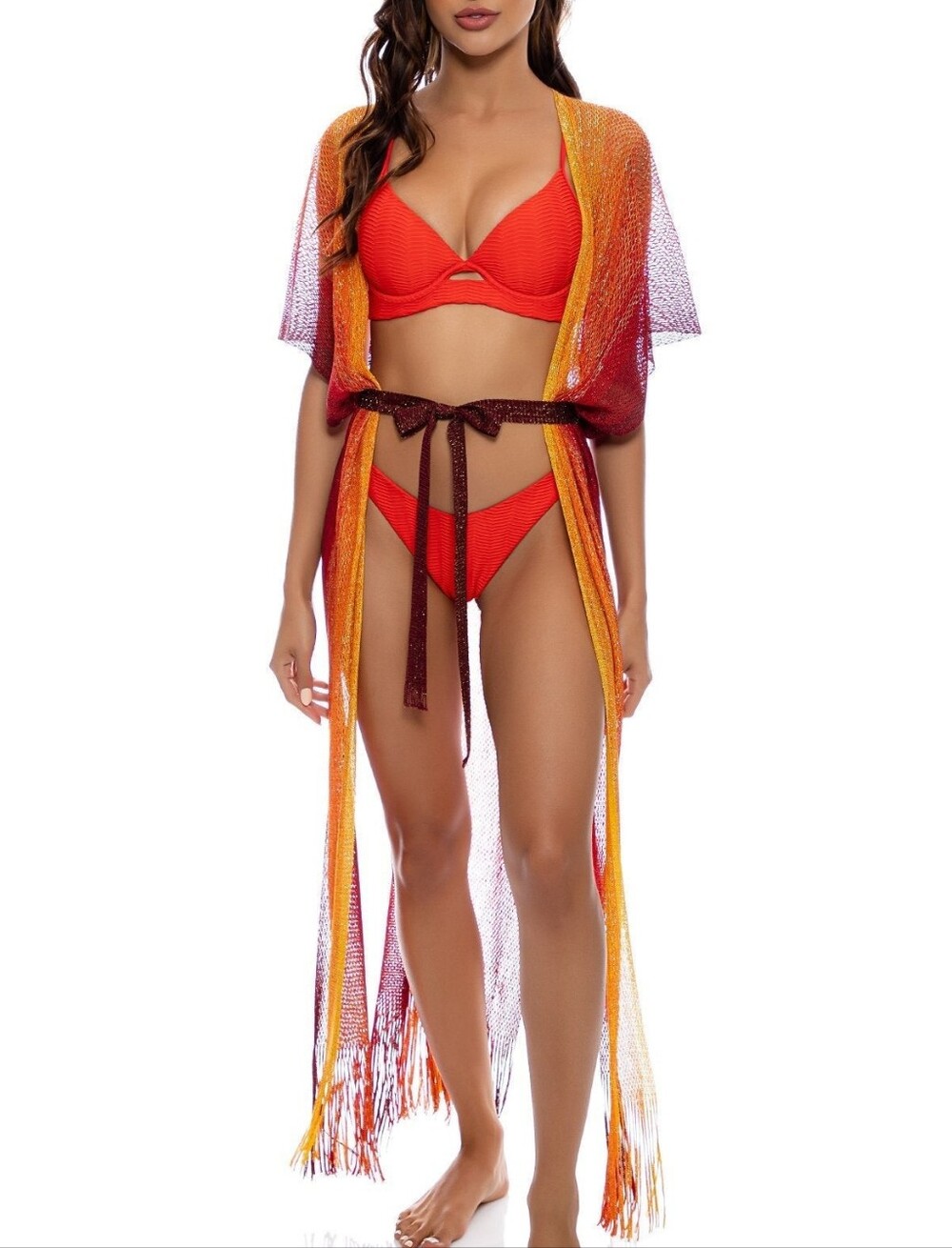 Luli Fama Red Bikini with Orange-to-Purple Gradient Fringe Cover-Up